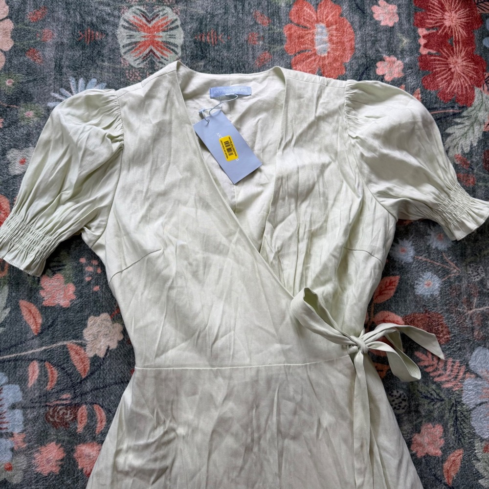 Antonio Melani‎ Sage Green Linen Blend Wrap Dress Puff Sleeve Ruffle Hem Size 6